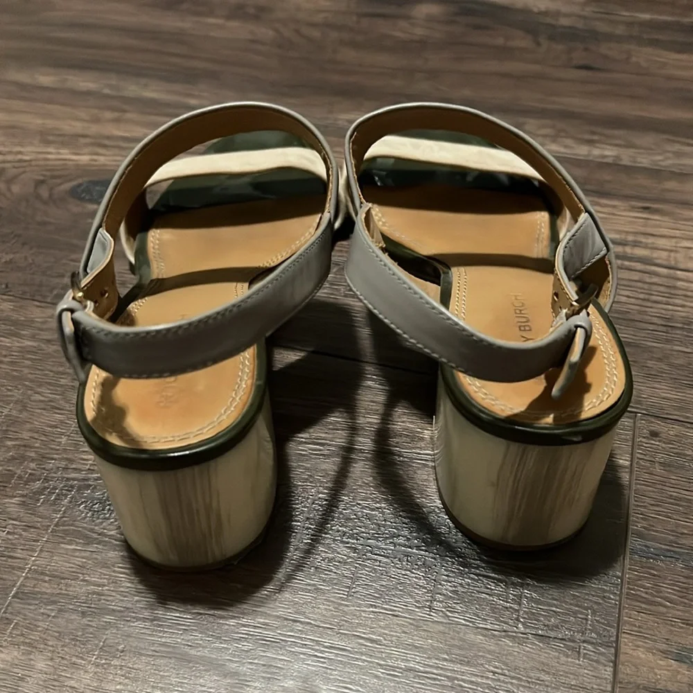 Tory Burch Cream & Gray Leather Strappy Heeled Sandal